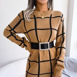 Plaid Round Neck Dropped Shoulder Sweater Dress